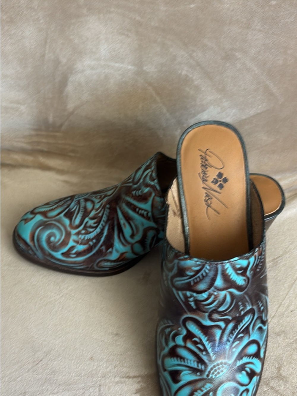 Patricia Nash Turquoise and Brown Tooled Leather Mule